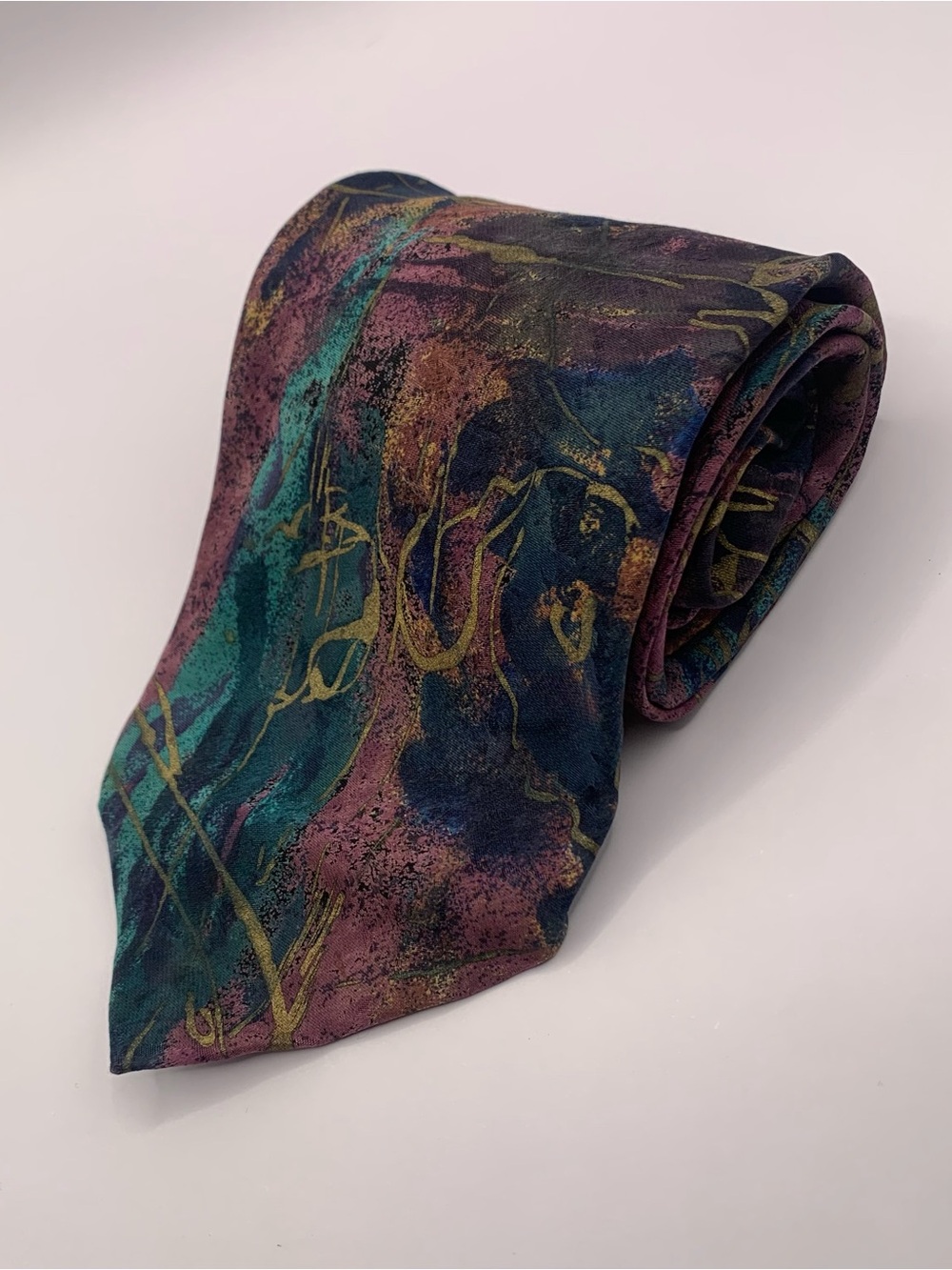 Men's Abstract Multicolor Silk Tie in Teal, Purple & Gold business interview0095